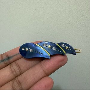 Vintage 80s Blue and Gold Hair Clip with Rhinestones